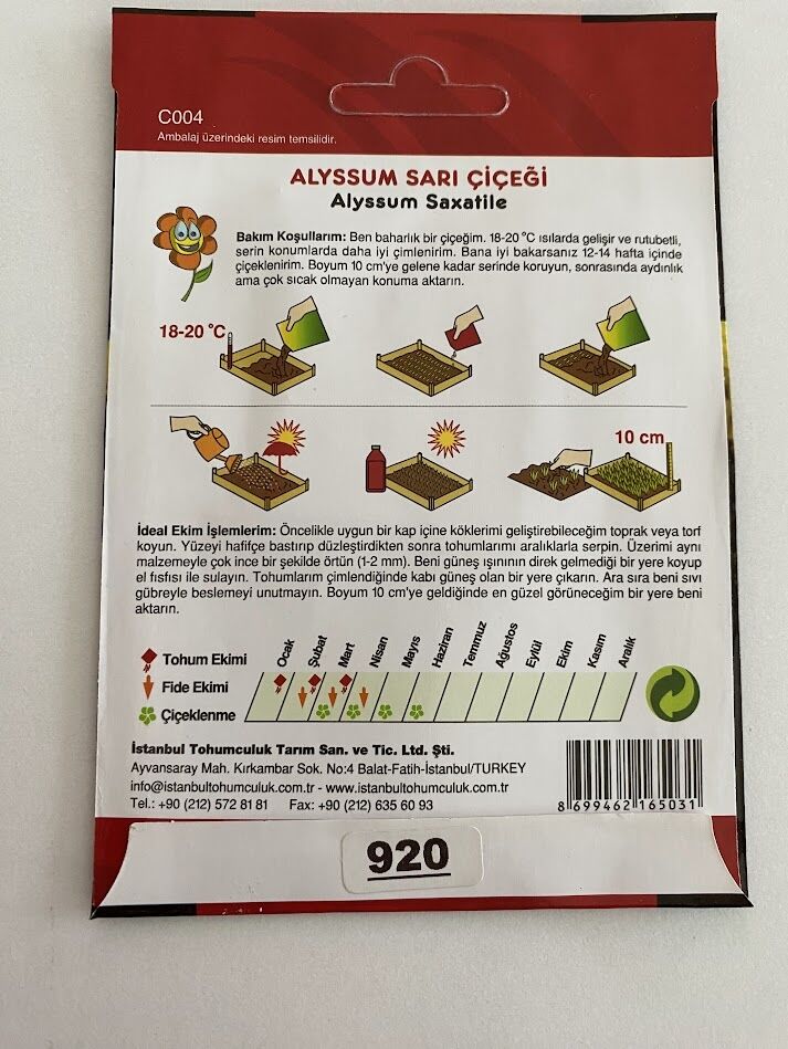 ALYSSUM ( ÇOKLU TOHUM ) - 250 Tohum - SARI Renk
